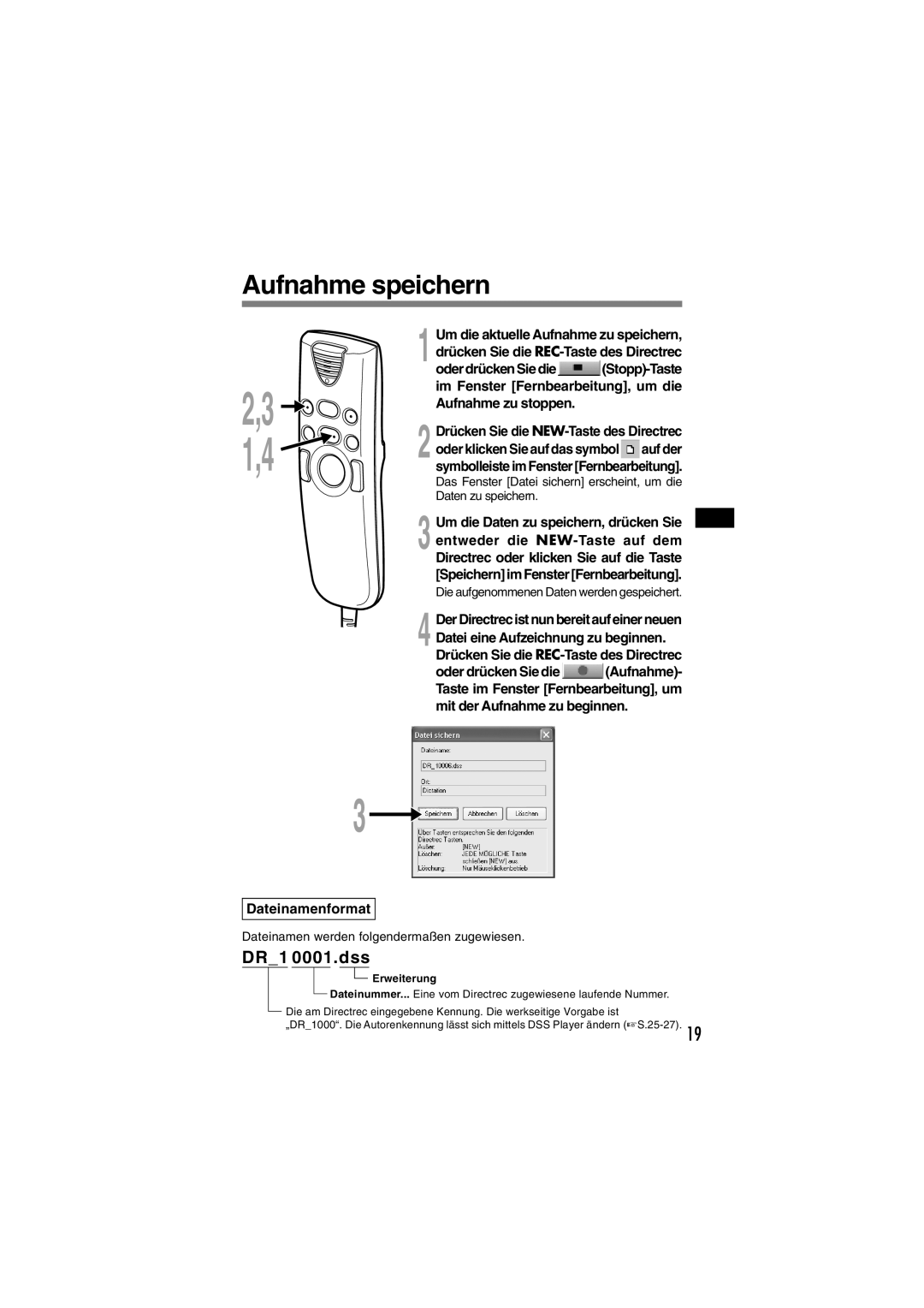 Olympus DR-1000 manual Aufnahme speichern, Dateinamenformat 