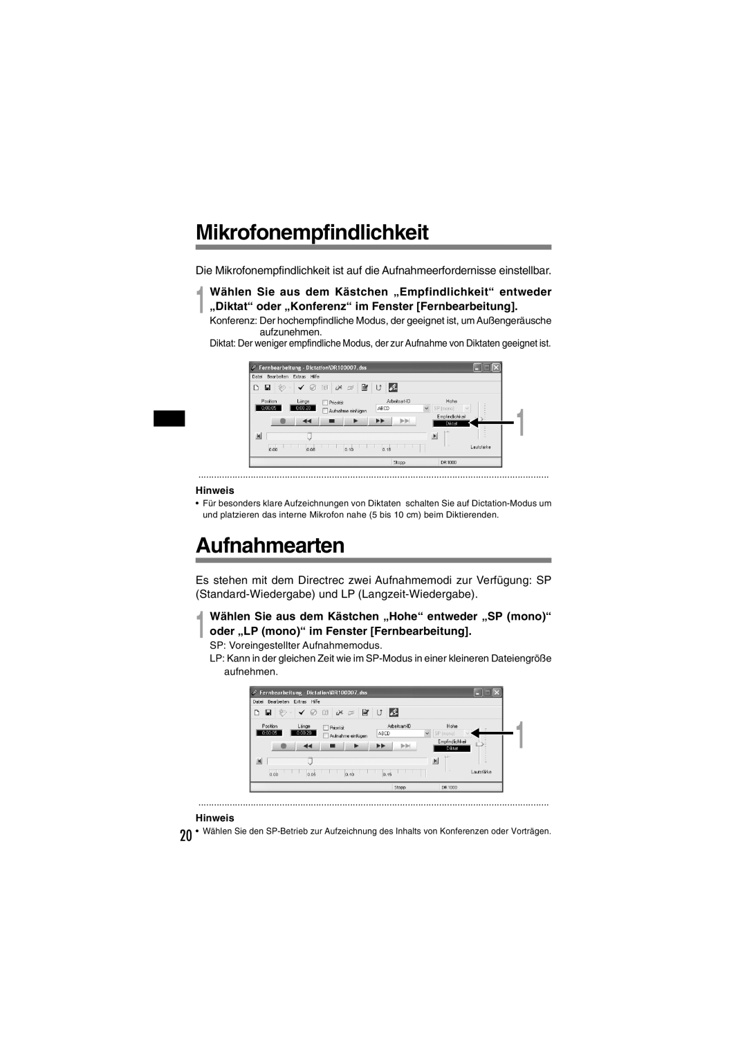 Olympus DR-1000 manual Mikrofonempfindlichkeit, Aufnahmearten 