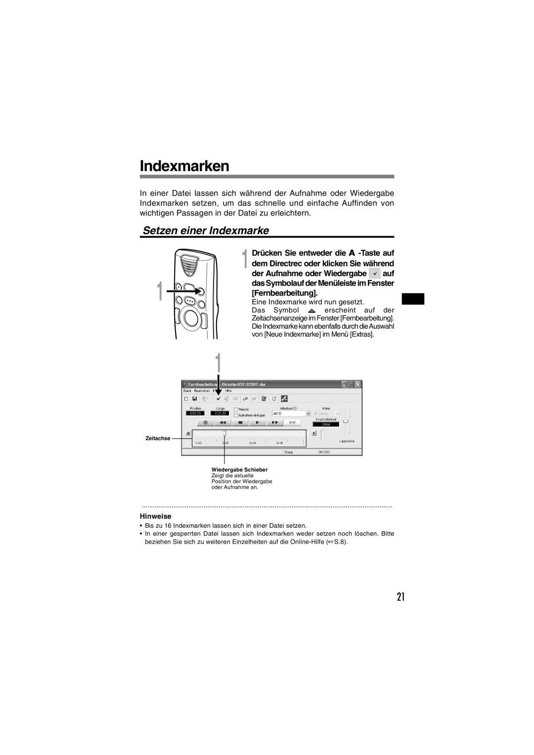 Olympus DR-1000 manual Indexmarken, Setzen einer Indexmarke 