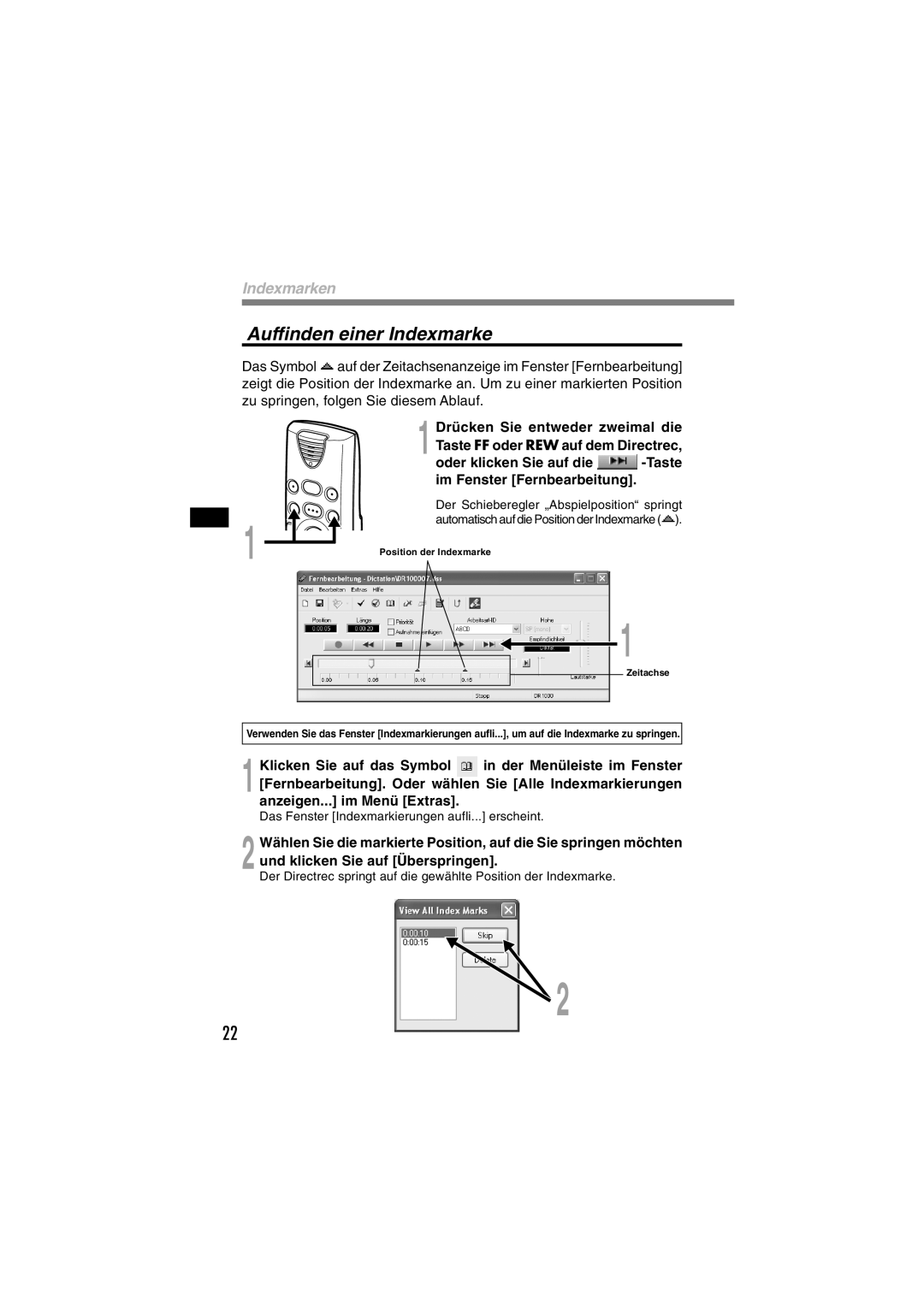 Olympus DR-1000 manual Auffinden einer Indexmarke, Im Fenster Fernbearbeitung 