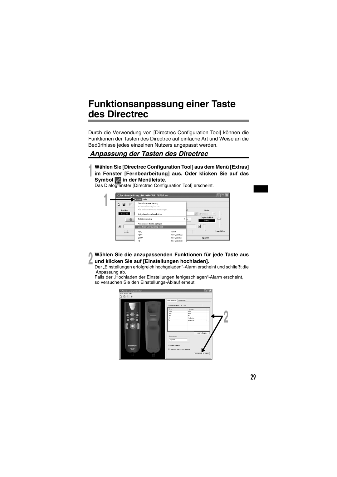 Olympus DR-1000 Funktionsanpassung einer Taste des Directrec, Anpassung der Tasten des Directrec, Symbol in der Menüleiste 