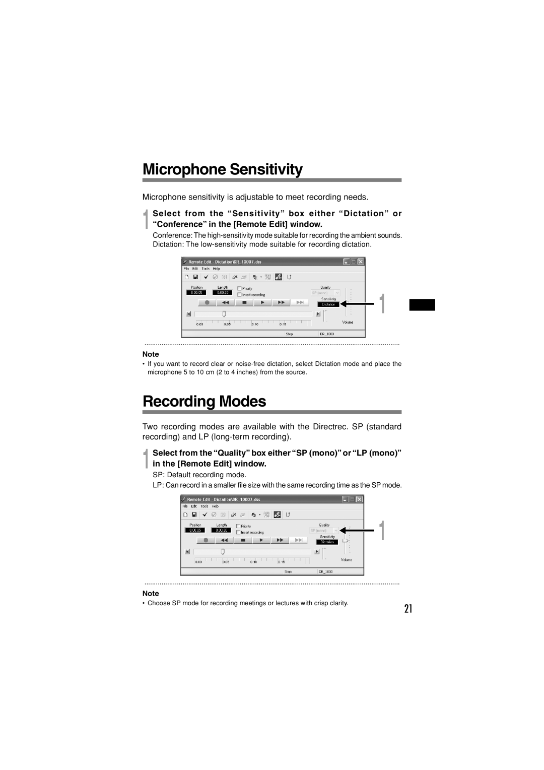 Olympus DR-1000 manual Microphone Sensitivity, Recording Modes 