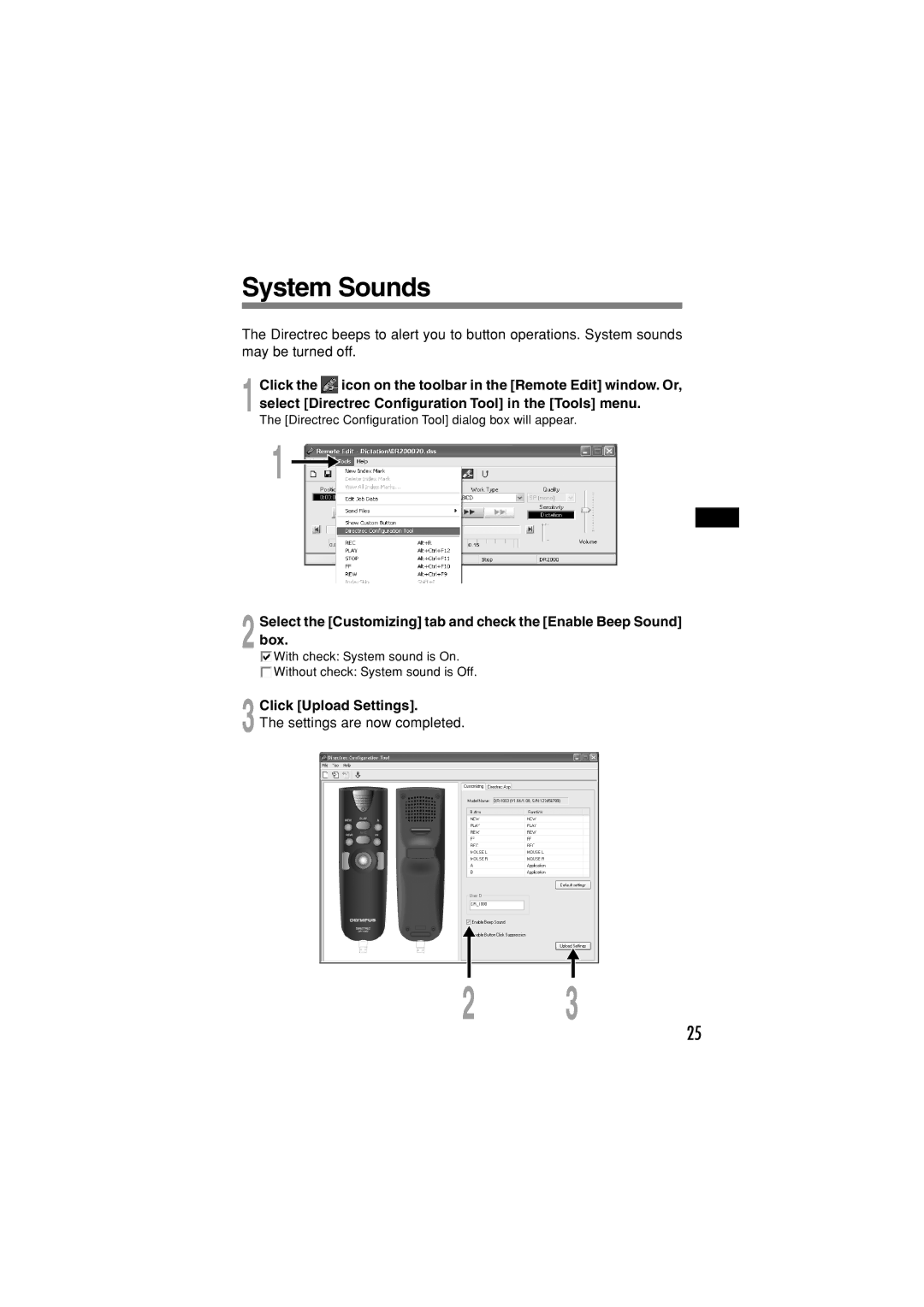 Olympus DR-1000 manual System Sounds, 3Click Upload Settings 