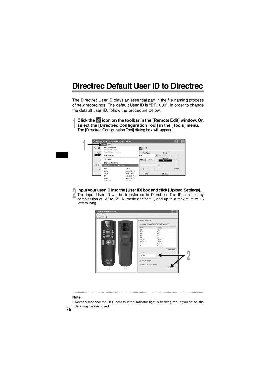 Olympus DR-1000 manual Directrec Default User ID to Directrec 