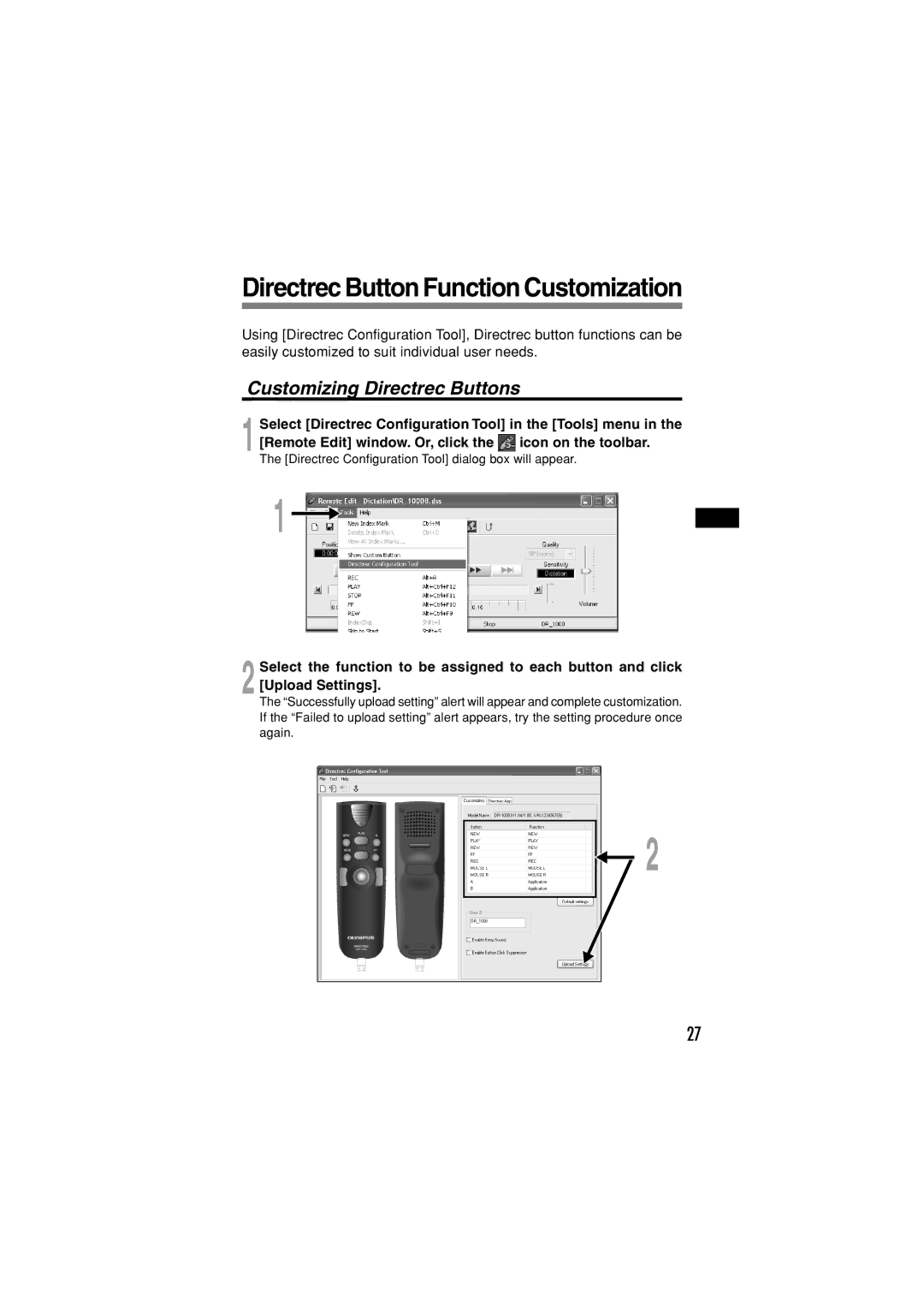 Olympus DR-1000 manual Directrec Button Function Customization, Customizing Directrec Buttons 