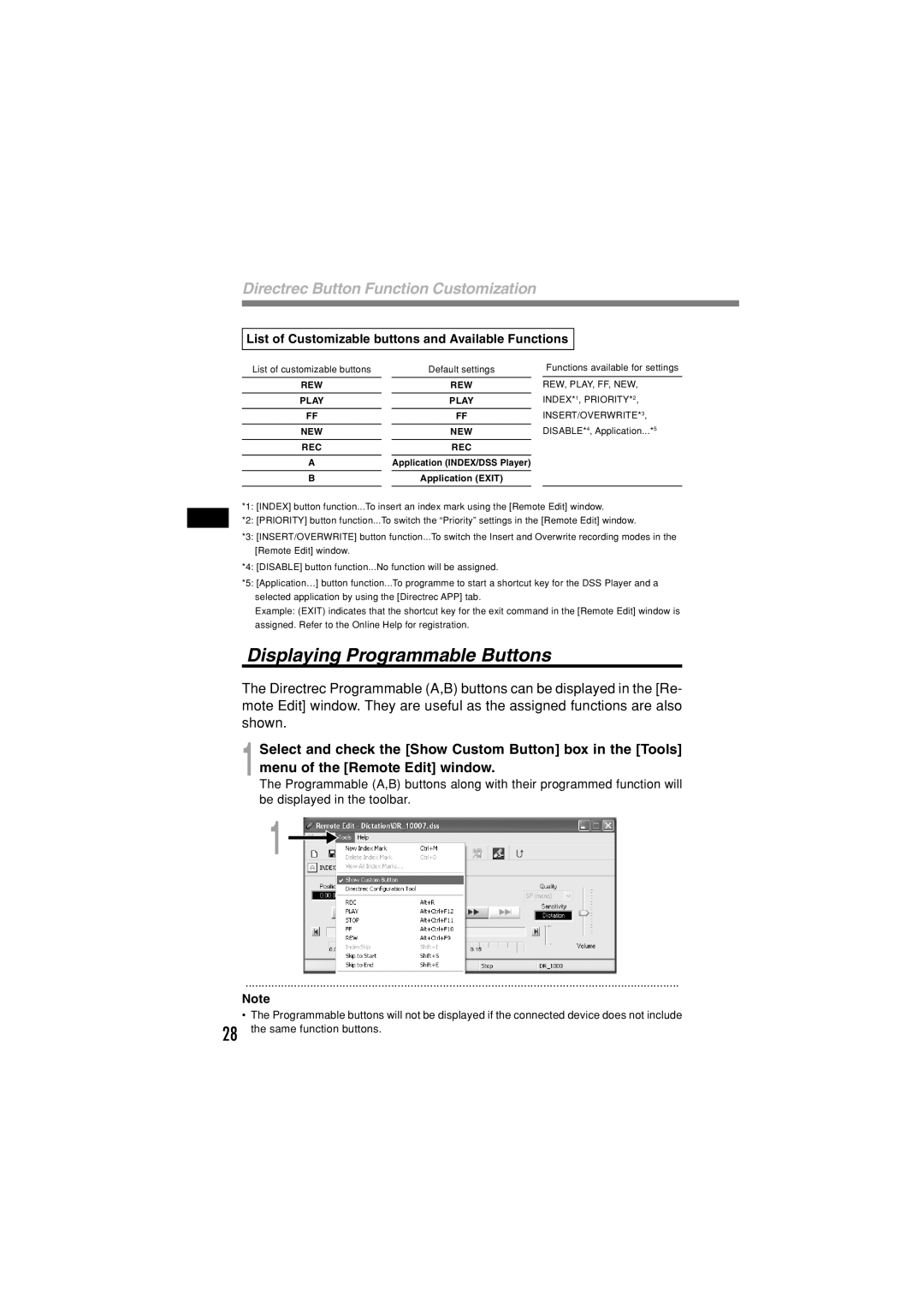 Olympus DR-1000 manual Displaying Programmable Buttons, Directrec Button Function Customization 