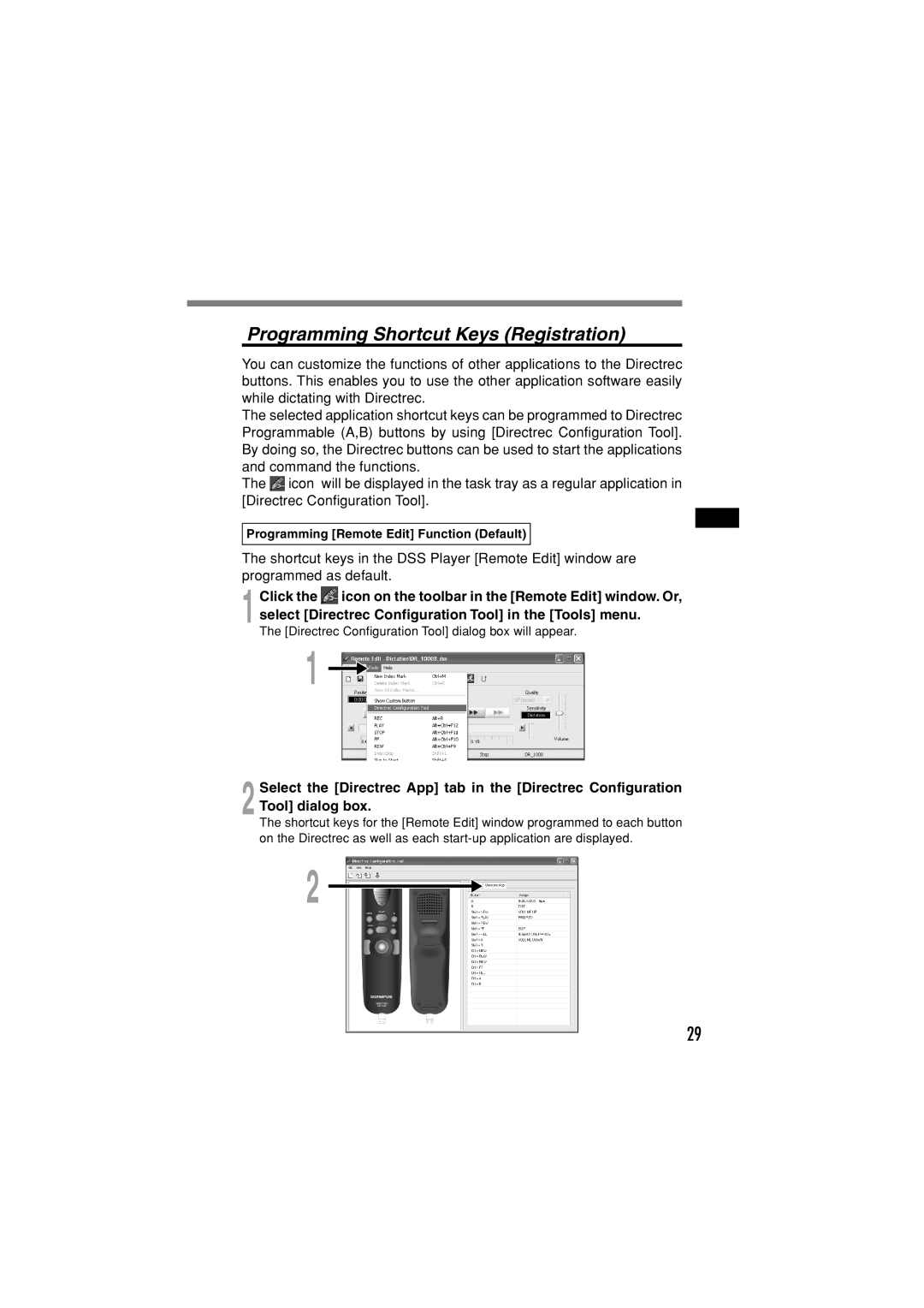 Olympus DR-1000 manual Programming Shortcut Keys Registration 