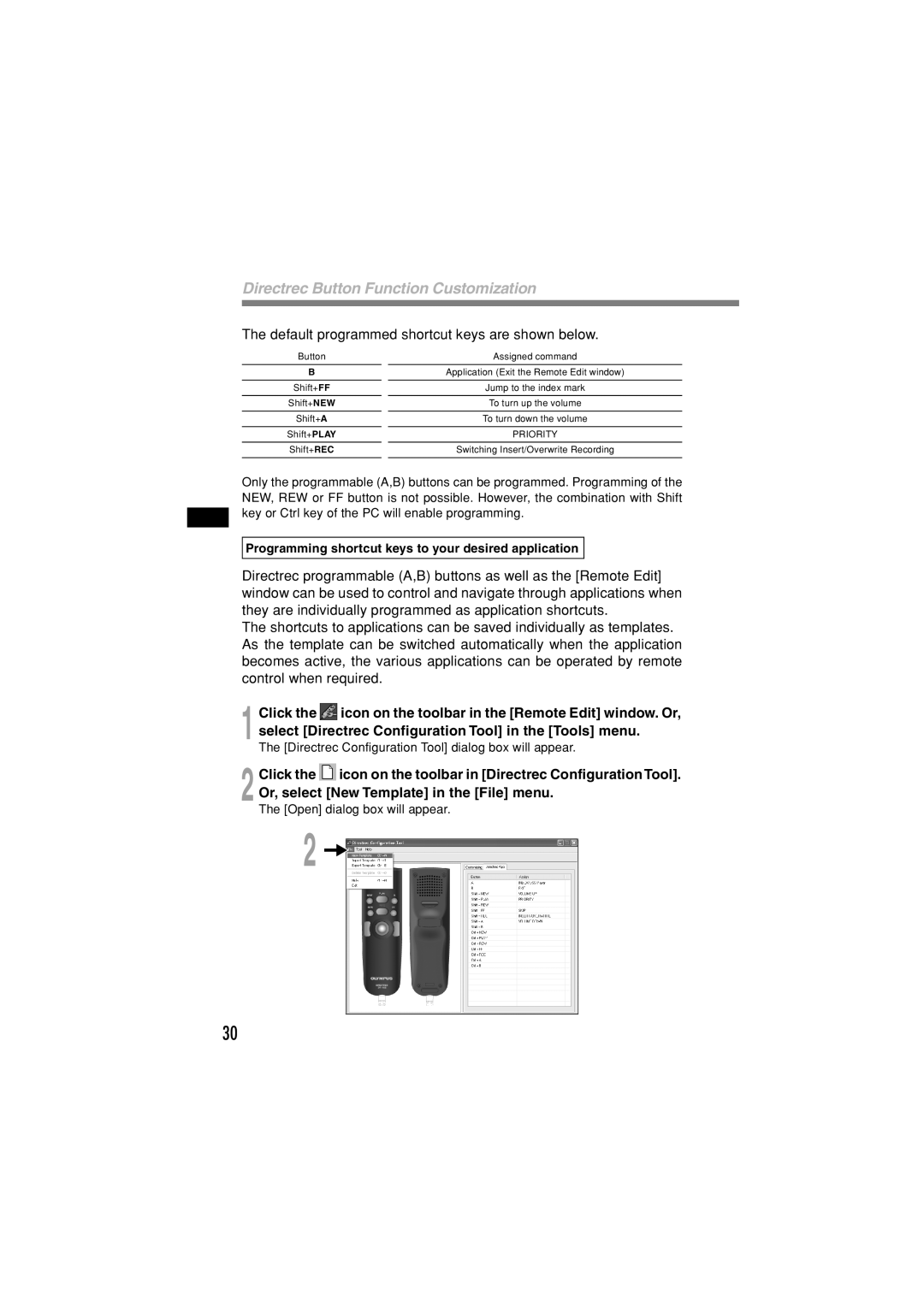 Olympus DR-1000 manual Default programmed shortcut keys are shown below 