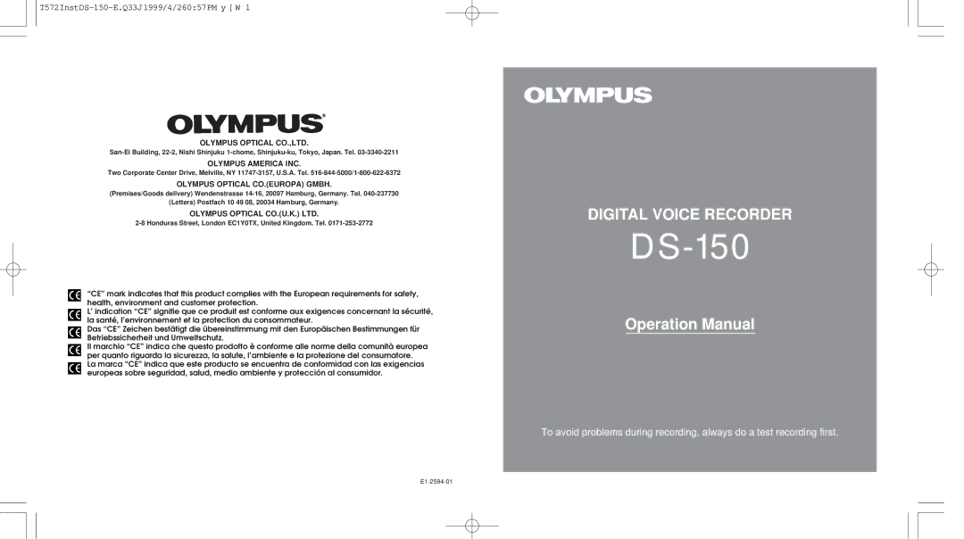 Olympus operation manual Digital Voice Recorder, T572InstDS-150-E.Q33J1999/4/26057PM y W 