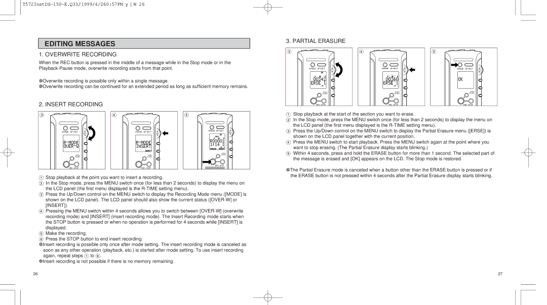 Olympus DS-150 operation manual Editing Messages, Overwrite Recording 