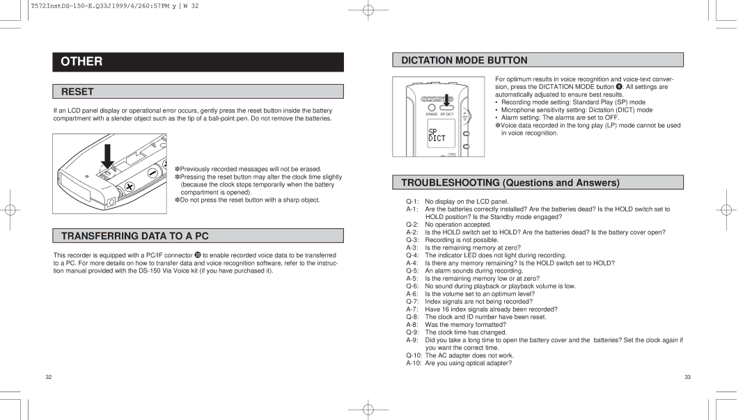 Olympus DS-150 operation manual Other, Dictation Mode Button Reset, Transferring Data to a PC 