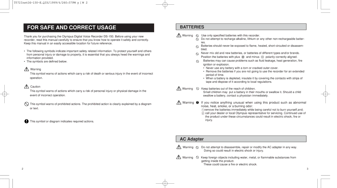 Olympus DS-150 operation manual For Safe and Correct Usage, Batteries 