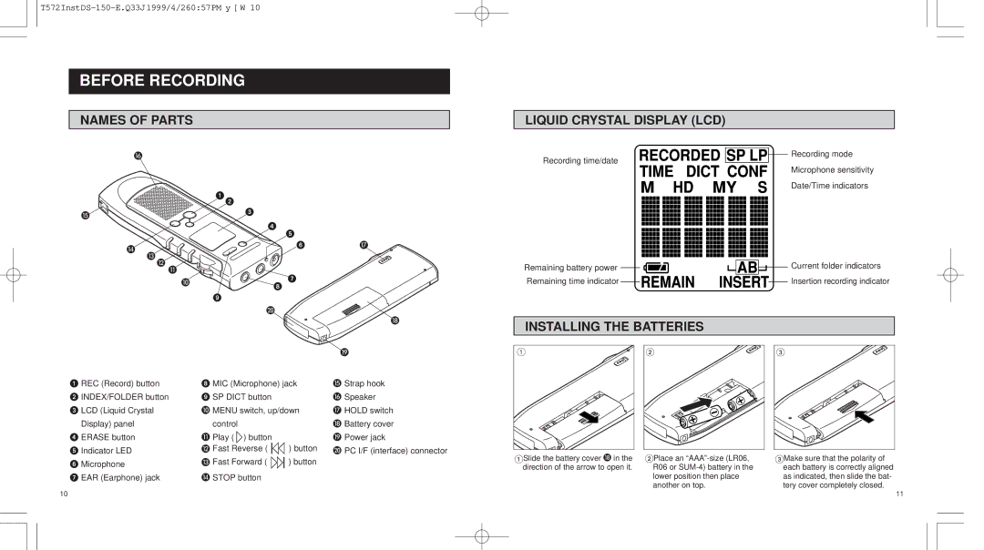 Olympus DS-150 operation manual Before Recording, Names of Parts Liquid Crystal Display LCD, Installing the Batteries 