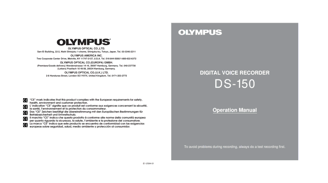 Olympus DS-150 operation manual Digital Voice Recorder, Olympus Optical CO.EUROPA Gmbh 