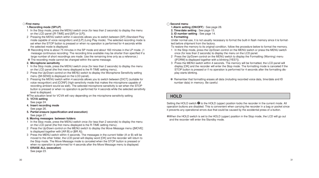 Olympus DS-150 operation manual Hold, First menu Recording mode SP/LP 