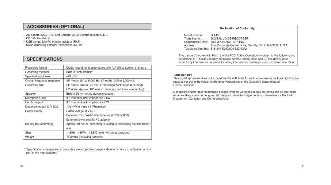 Olympus DS-150 operation manual Accessories Optional, Specifications 