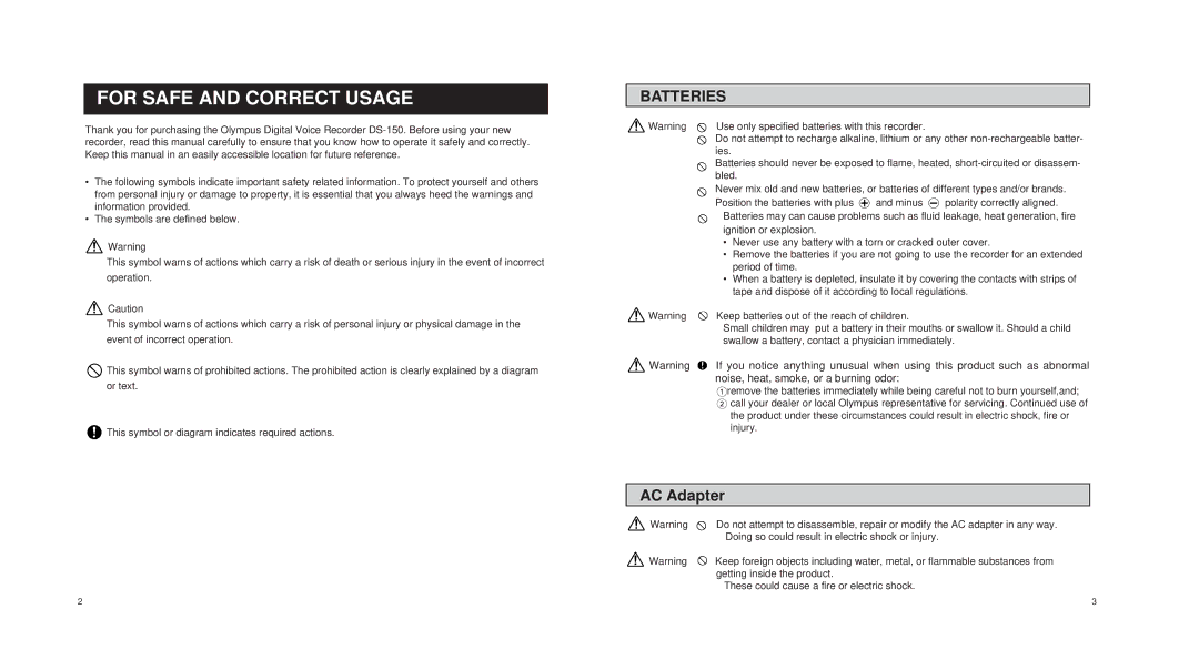 Olympus DS-150 operation manual For Safe and Correct Usage, Batteries 