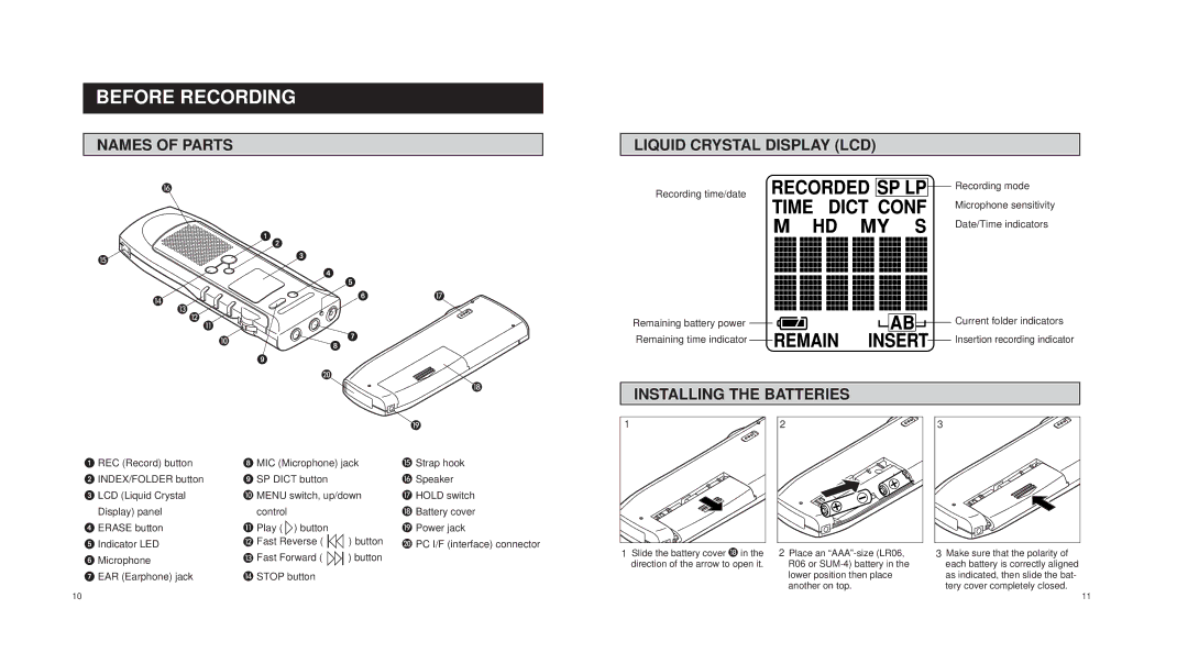 Olympus DS-150 operation manual Before Recording, Names of Parts Liquid Crystal Display LCD, Installing the Batteries 