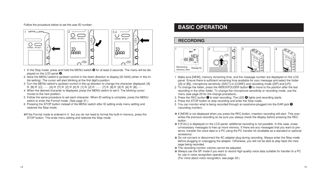 Olympus DS-150 operation manual Basic Operation, Recording 