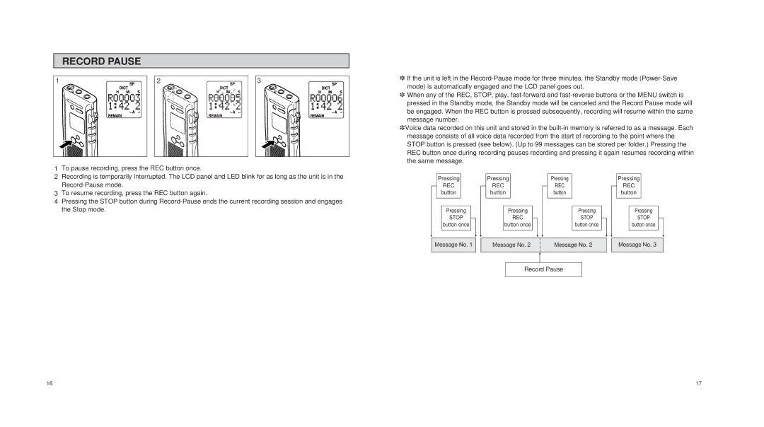 Olympus DS-150 operation manual Record Pause 