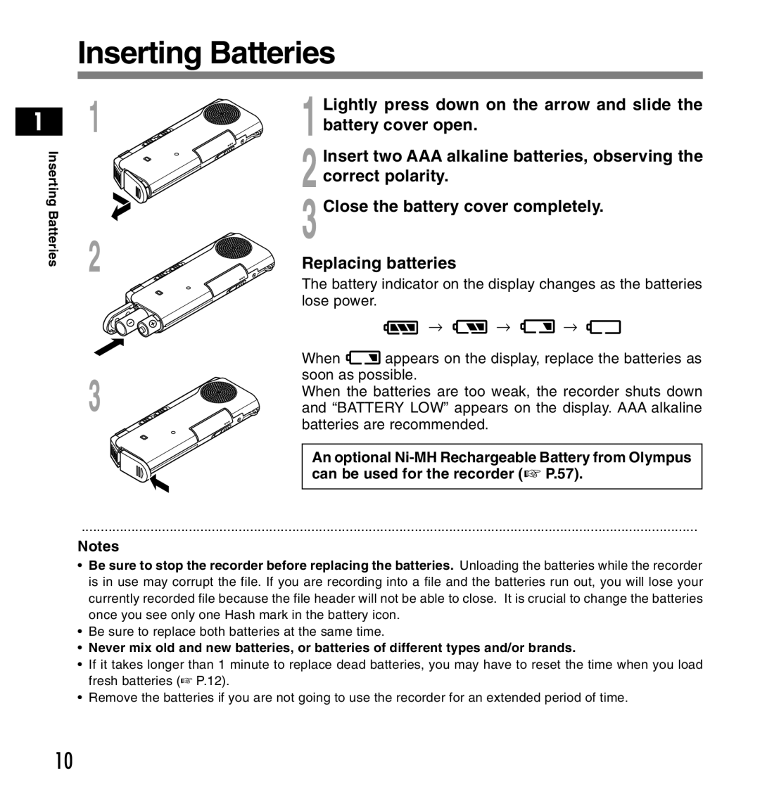 Olympus DS-2200 manual Inserting Batteries, Lightly press down on the arrow and slide, Battery cover open 