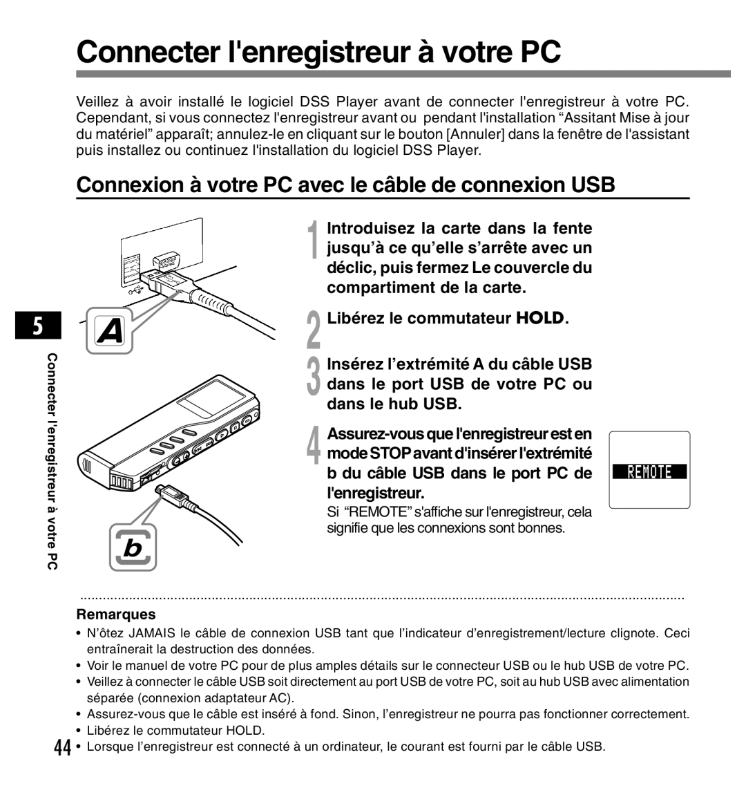 Olympus DS-2200 manual Connecter lenregistreur à votre PC, Connexion à votre PC avec le câble de connexion USB 