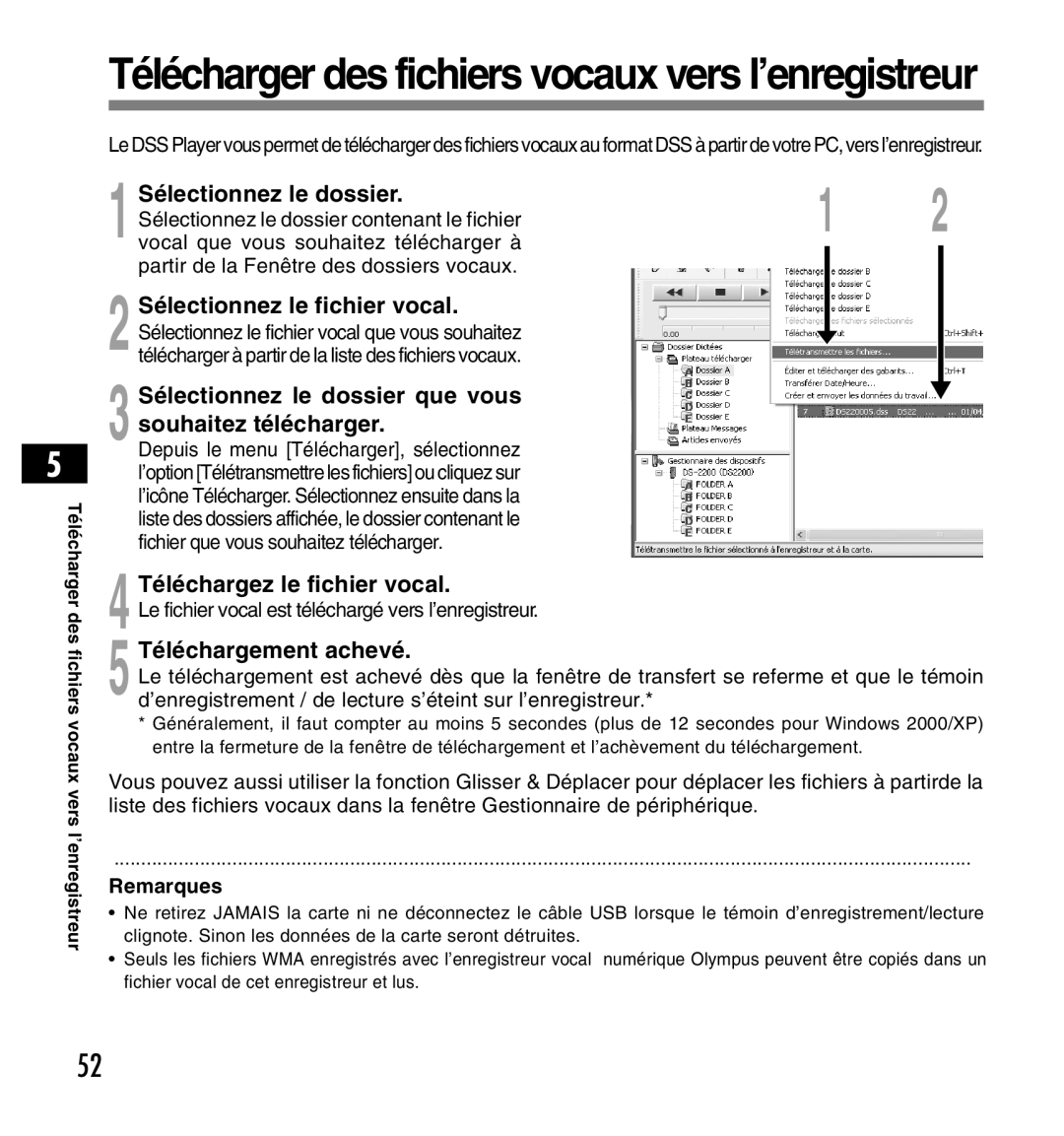 Olympus DS-2200 manual Sélectionnez le dossier que vous Souhaitez télécharger, Téléchargez le fichier vocal 