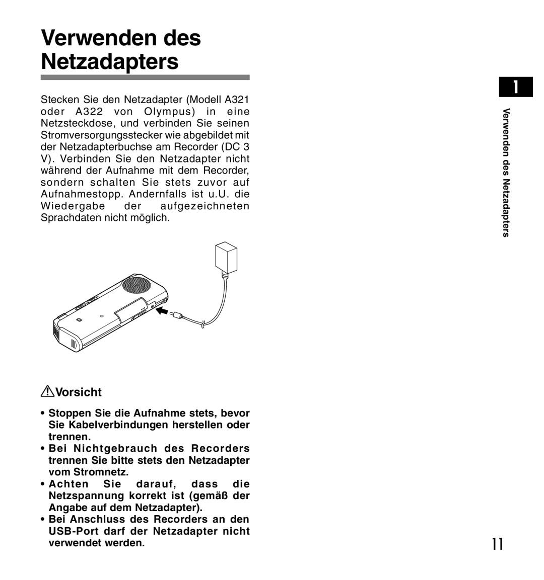 Olympus DS-2200 manual Verwenden des Netzadapters 