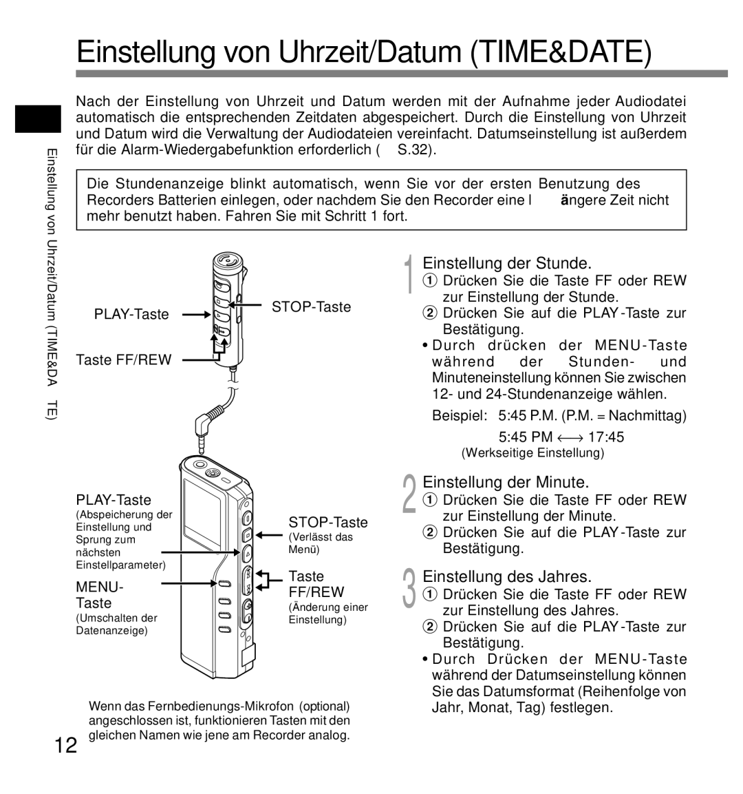 Olympus DS-2200 manual Einstellung der Stunde, Einstellung der Minute, Einstellung des Jahres 