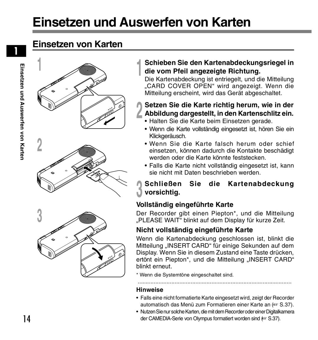 Olympus DS-2200 manual Einsetzen und Auswerfen von Karten, Einsetzen von Karten 