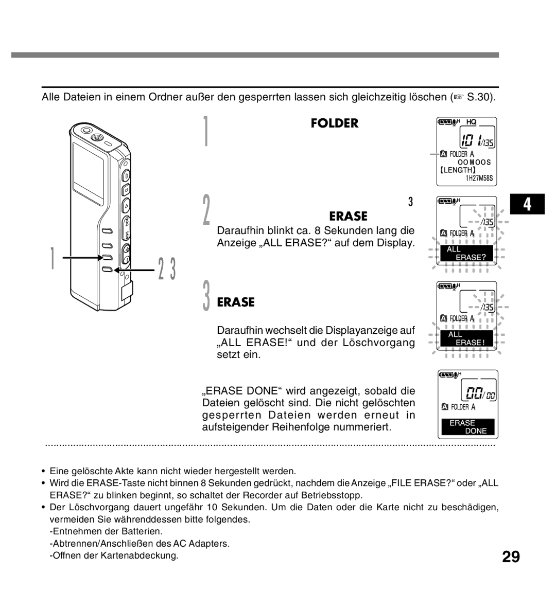 Olympus DS-2200 manual Löschen aller Dateien in einem Ordner, Drücken Sie mindestens, Sekunden lang die ERASE-Taste 