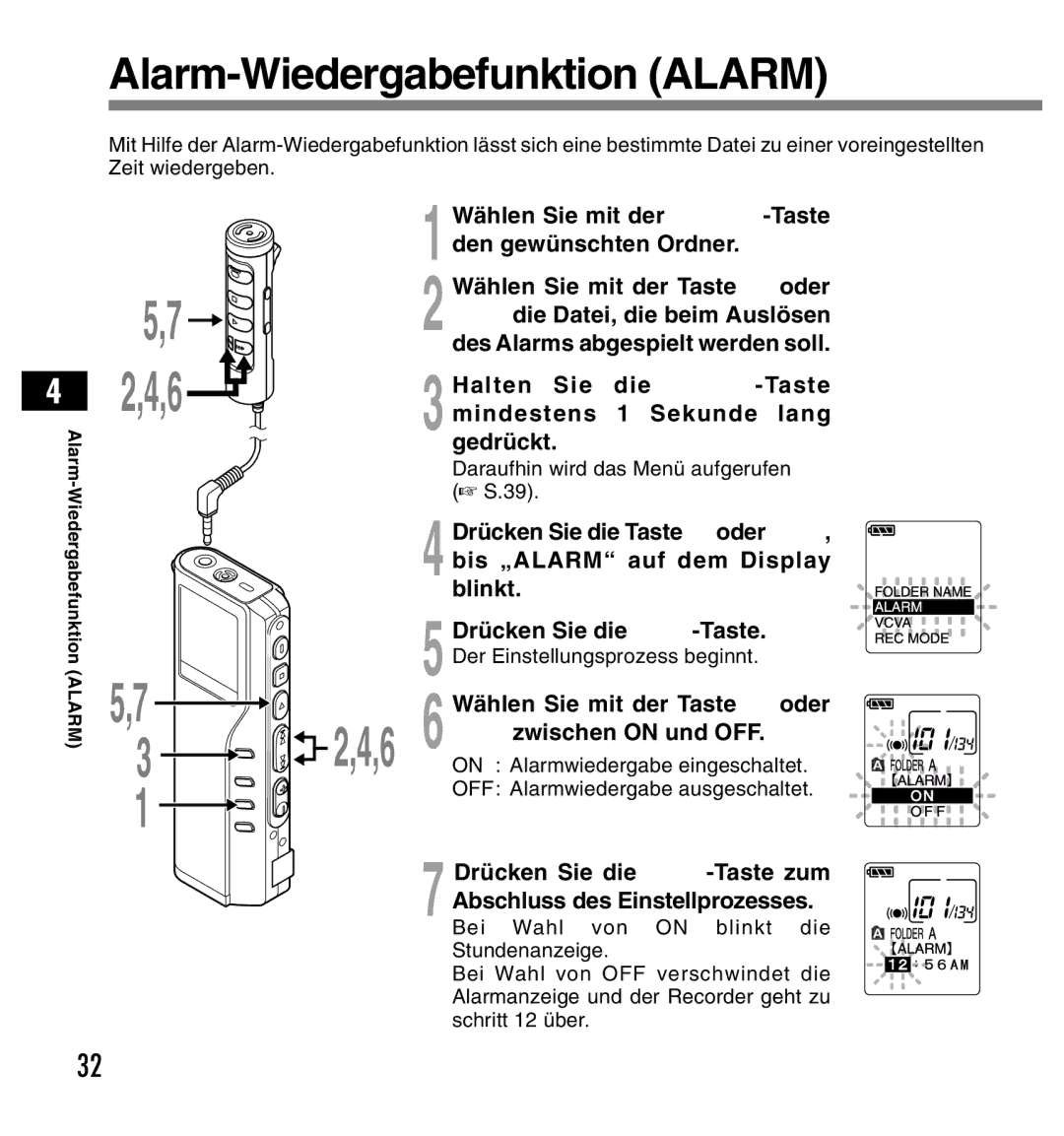 Olympus DS-2200 manual Alarm-Wiedergabefunktion Alarm, Daraufhin wird das Menü aufgerufen S.39 