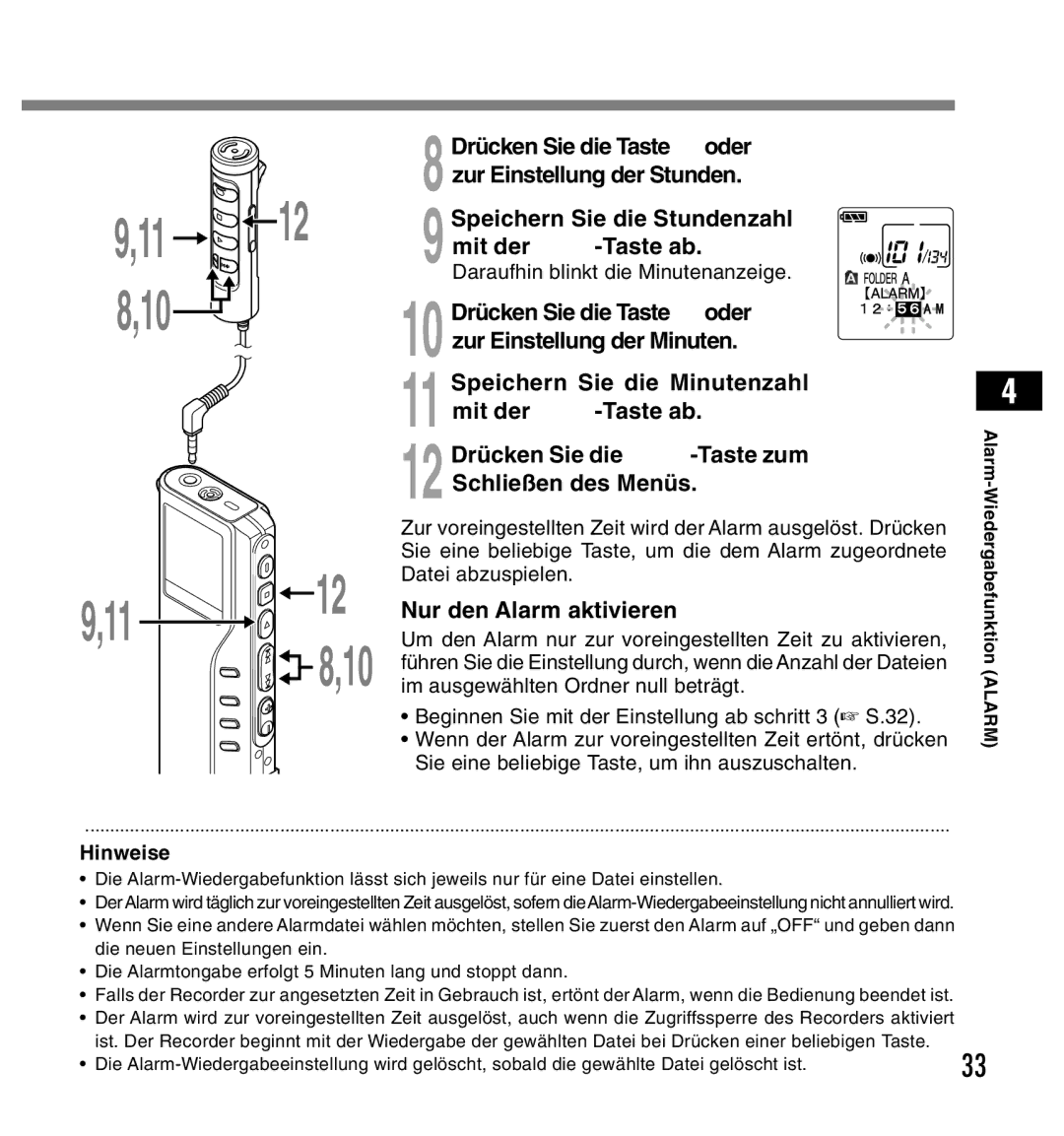 Olympus DS-2200 manual 12 Drücken Sie die STOP-Taste zum Schließen des Menüs, Nur den Alarm aktivieren 