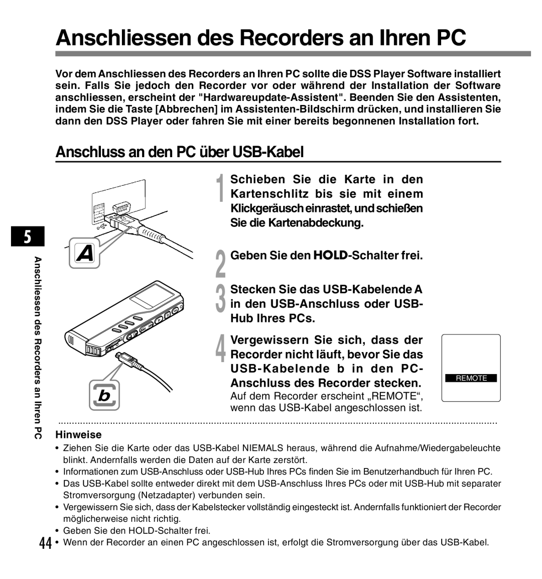 Olympus DS-2200 manual Anschliessen des Recorders an Ihren PC, Anschluss an den PC über USB-Kabel 