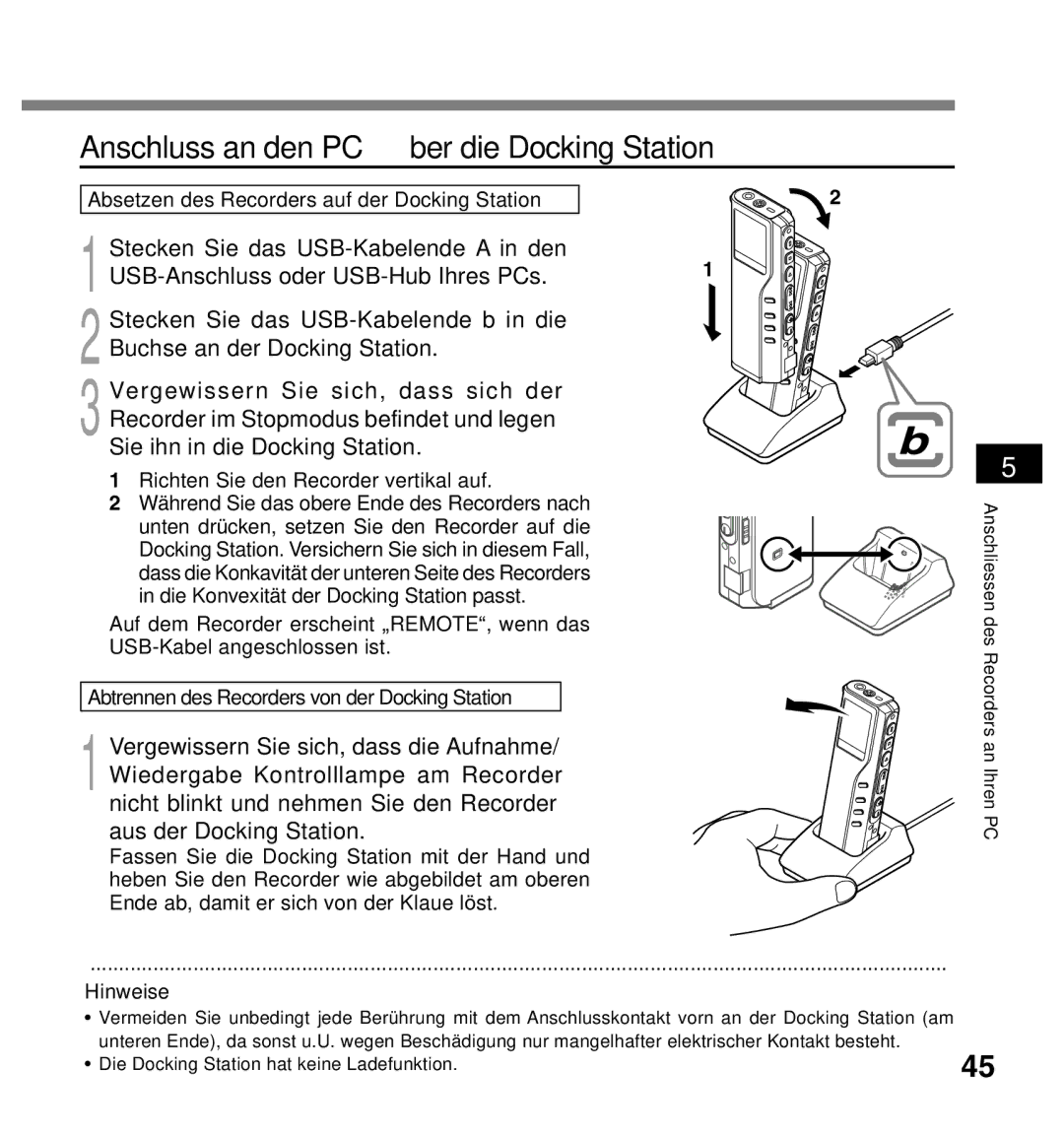 Olympus DS-2200 manual Anschluss an den PC über die Docking Station, Absetzen des Recorders auf der Docking Station 