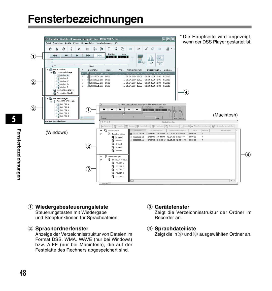 Olympus DS-2200 manual Fensterbezeichnungen, Wiedergabesteuerungsleiste Gerätefenster, Sprachordnerfenster Sprachdateiliste 