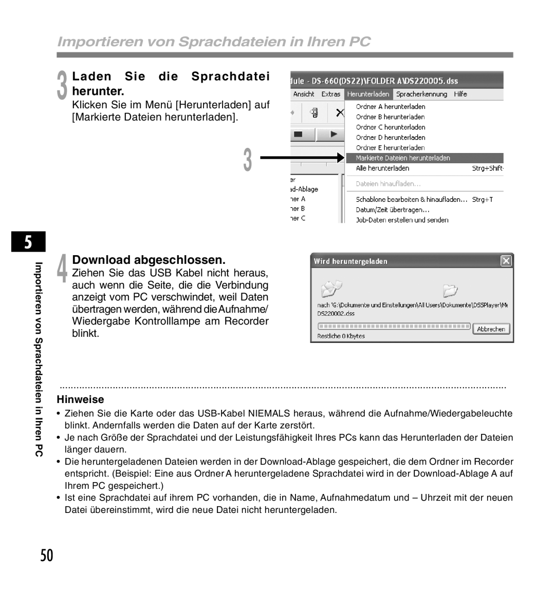 Olympus DS-2200 manual Laden Sie die Sprachdatei herunter, Download abgeschlossen 