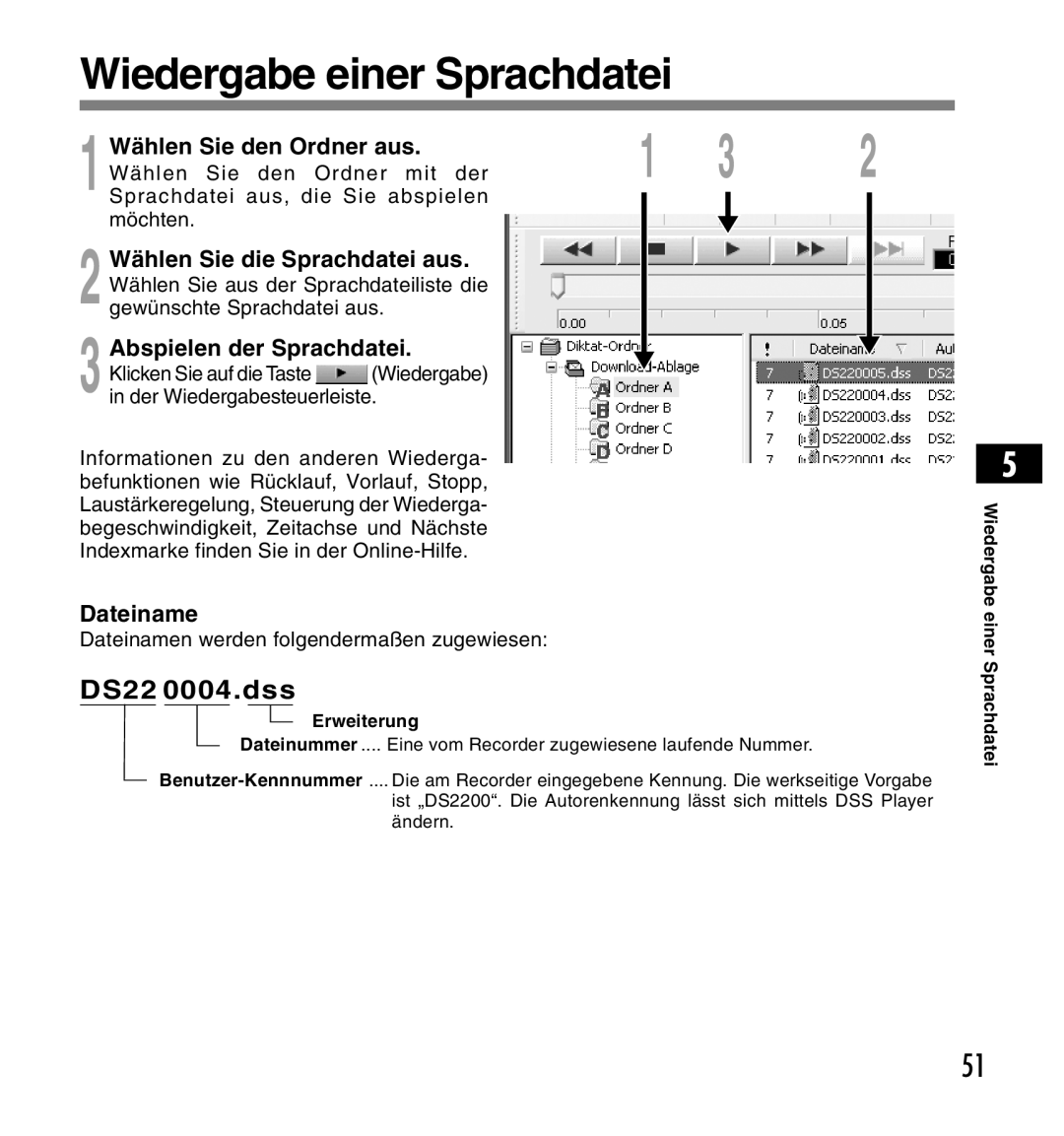 Olympus DS-2200 manual Wählen Sie den Ordner aus, Wählen Sie die Sprachdatei aus, Abspielen der Sprachdatei, Dateiname 