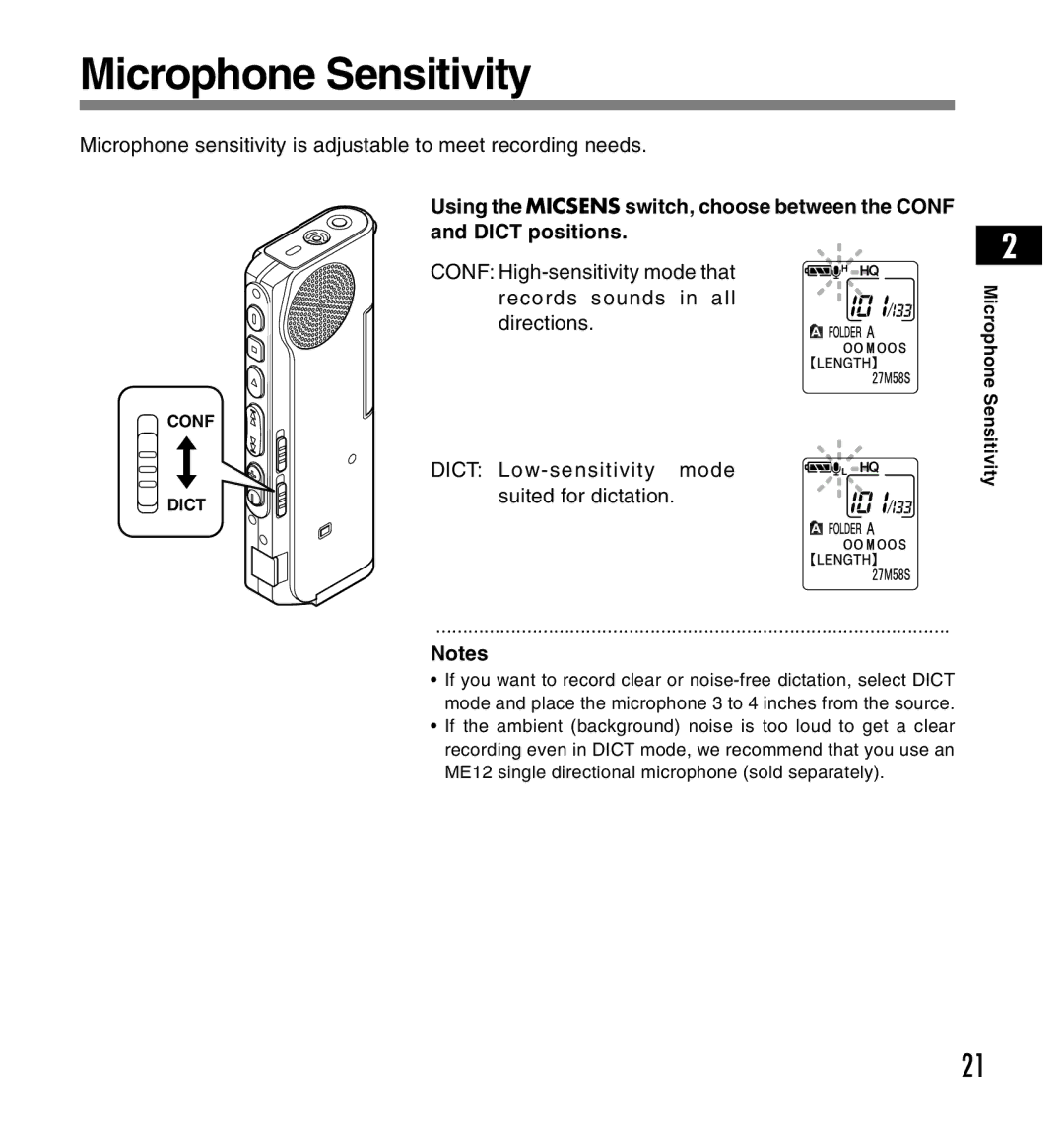 Olympus DS-2200 manual Microphone Sensitivity, Dict Low-sensitivity mode, Suited for dictation 