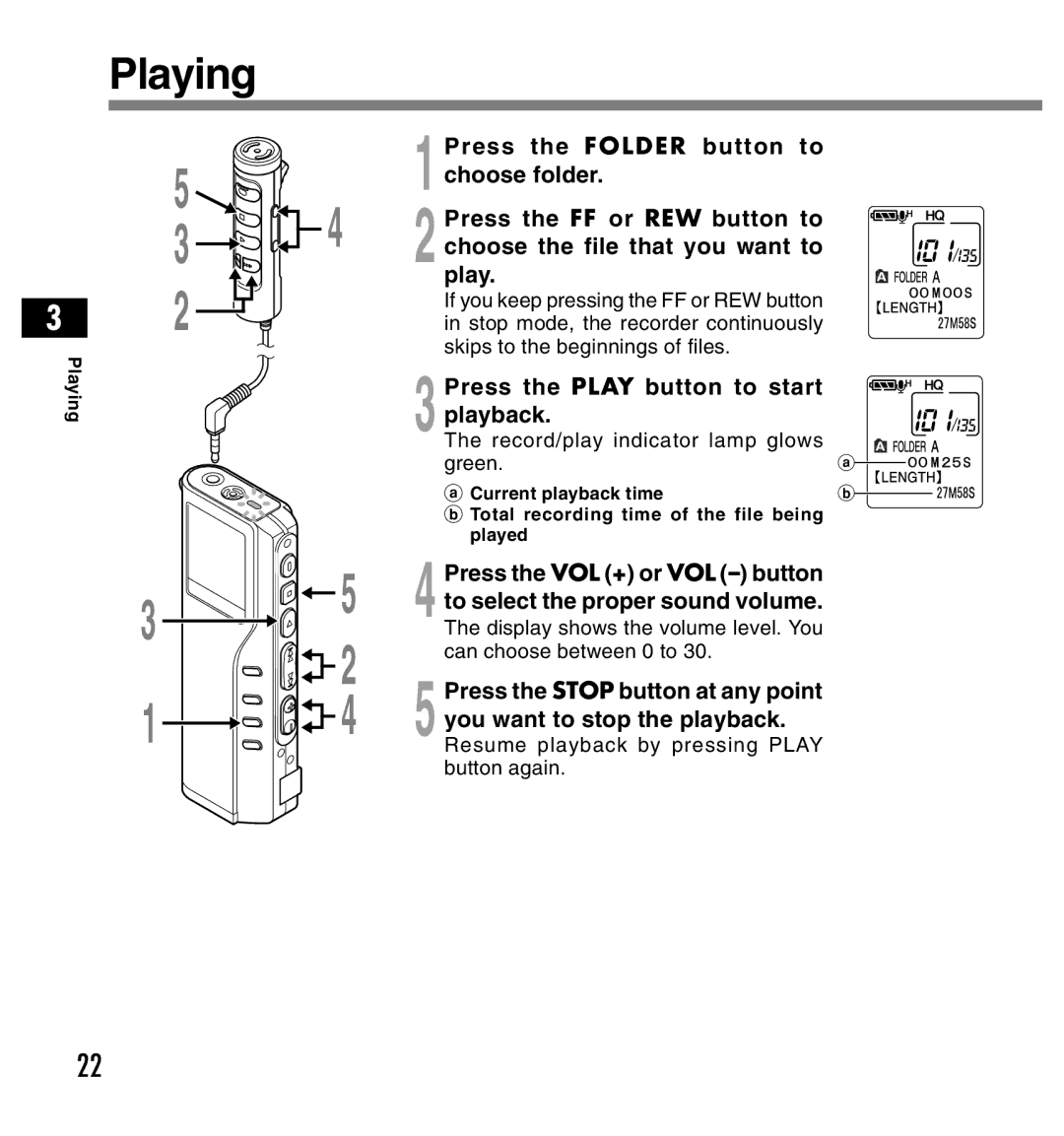 Olympus DS-2200 manual Playing, Press the Play button to start Playback, Record/play indicator lamp glows Green 