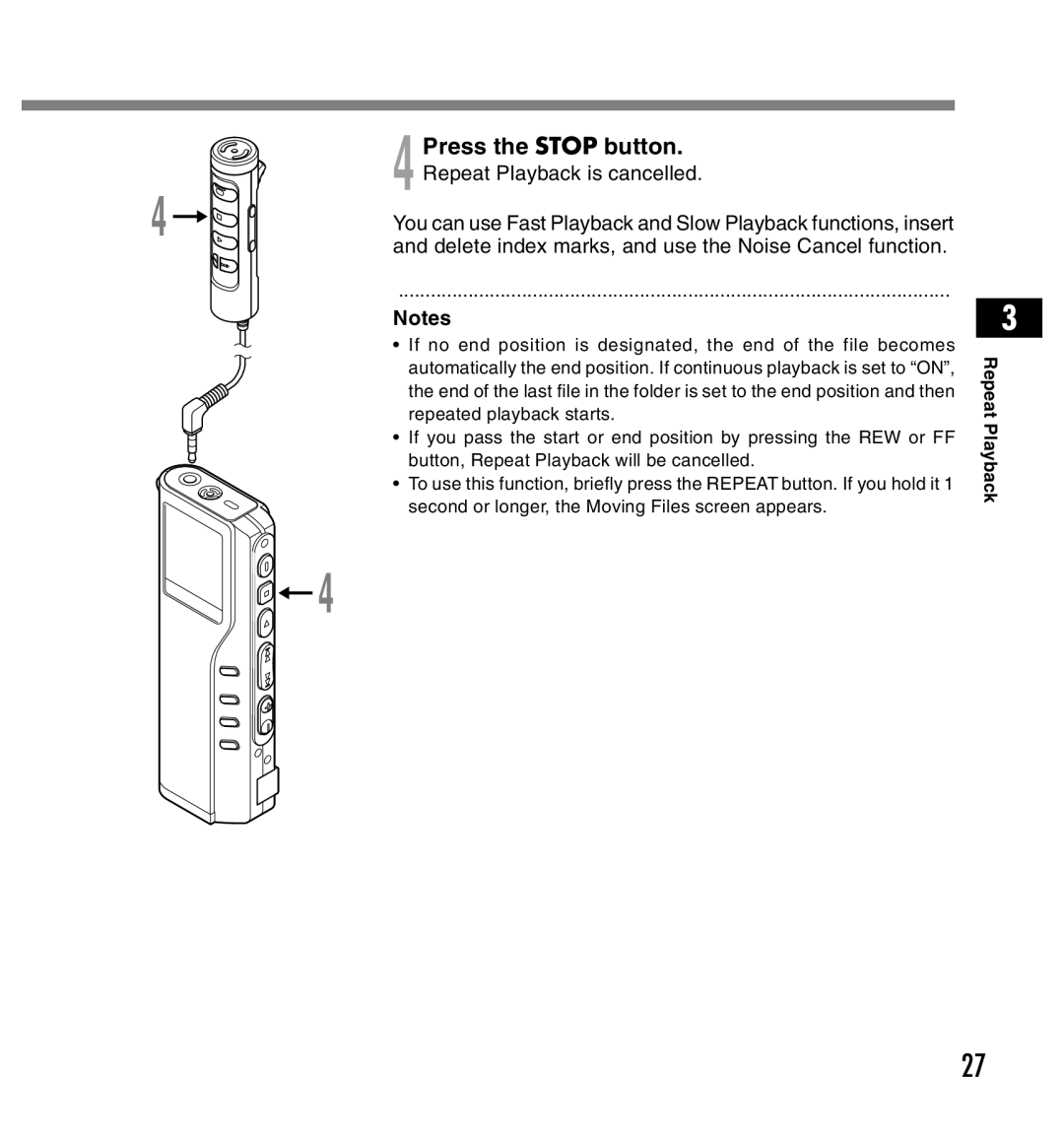 Olympus DS-2200 manual Press the Stop button. Repeat Playback is cancelled 