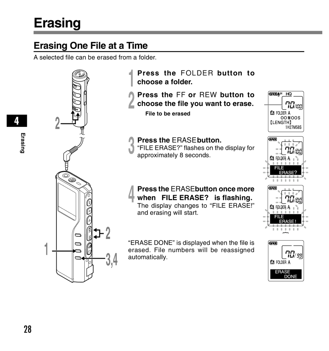 Olympus DS-2200 manual Erasing One File at a Time 