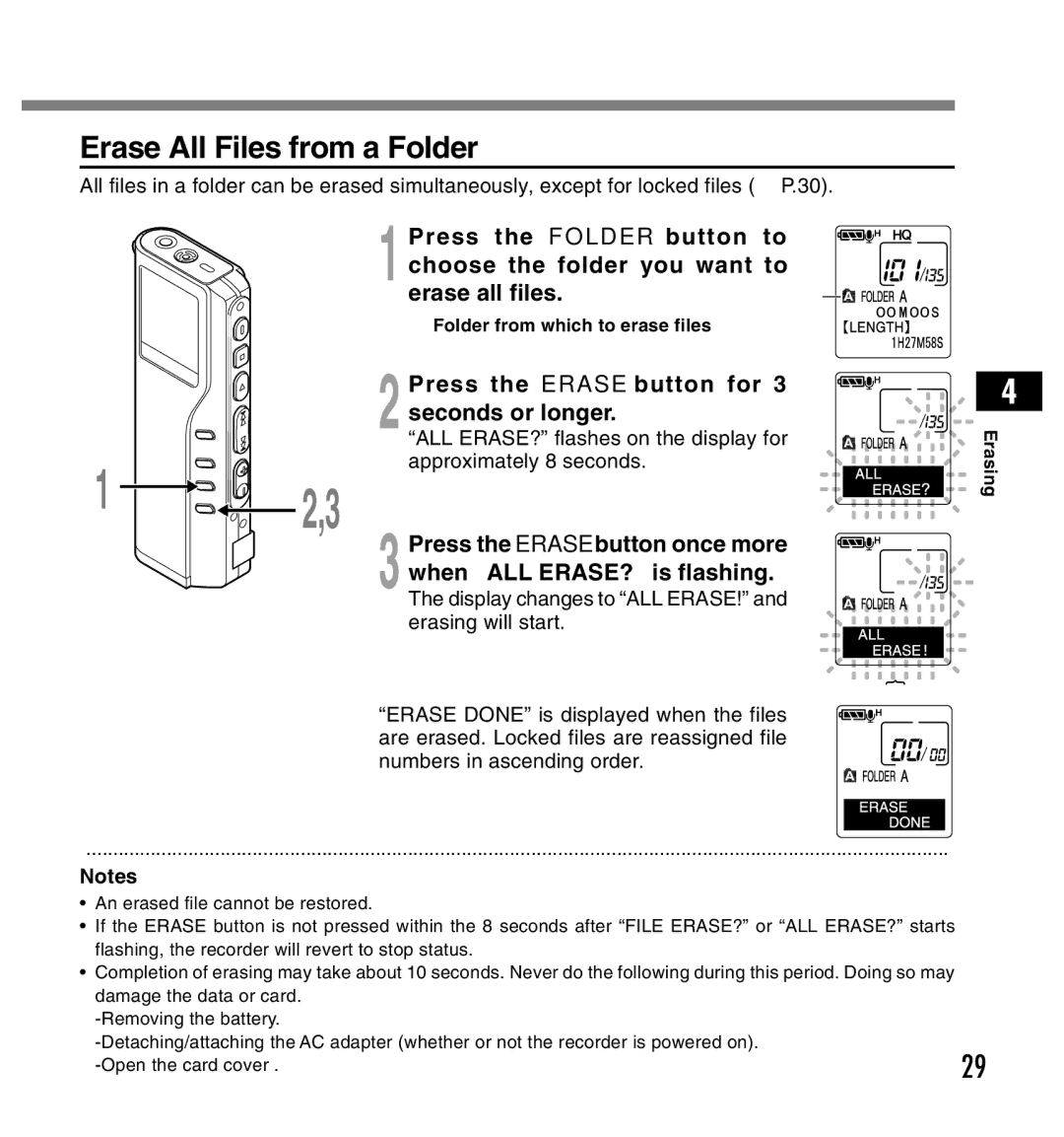 Olympus DS-2200 Erase All Files from a Folder, Press the Erase button for, Seconds or longer, When ALL ERASE? is flashing 