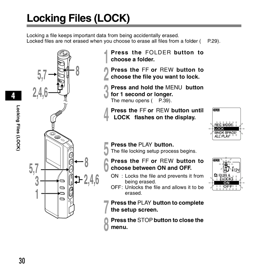 Olympus DS-2200 Locking Files Lock, Lock flashes on the display, Press the FF or REW button to choose between on and OFF 