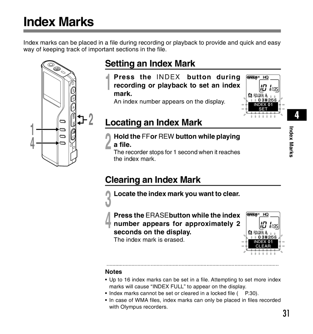 Olympus DS-2200 manual Index Marks, Setting an Index Mark, Locating an Index Mark, Clearing an Index Mark 