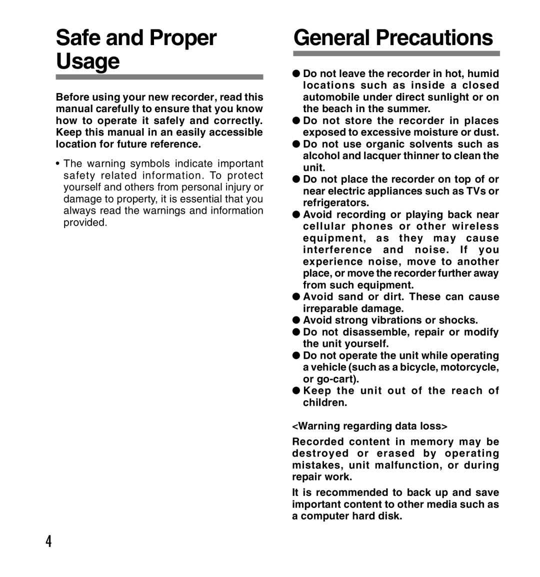 Olympus DS-2200 manual Safe and Proper Usage, General Precautions 