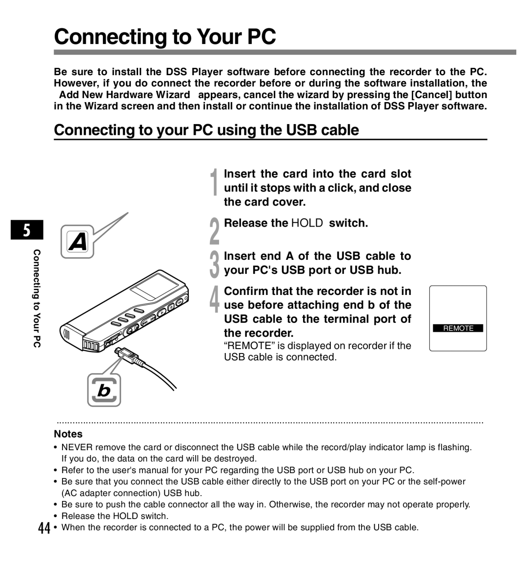 Olympus DS-2200 manual Connecting to Your PC, Connecting to your PC using the USB cable, Recorder 