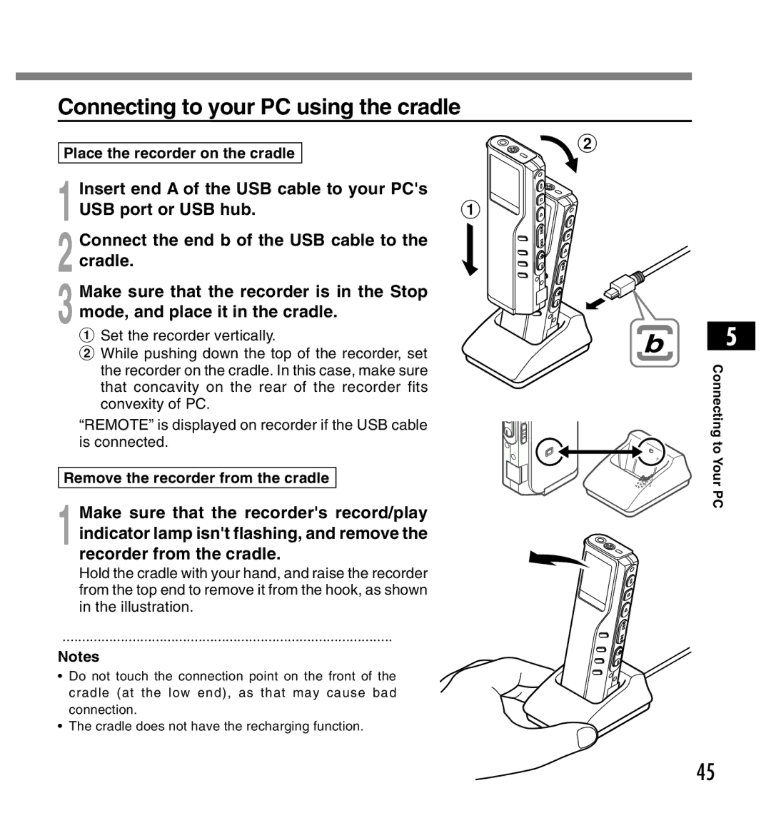 Olympus DS-2200 manual Connecting to your PC using the cradle, Place the recorder on the cradle 