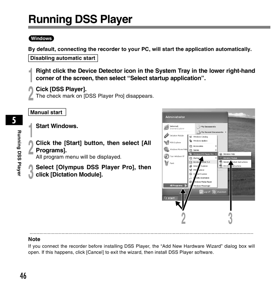 Olympus DS-2200 manual Running DSS Player, Select Olympus DSS Player Pro, then click Dictation Module, Manual start 