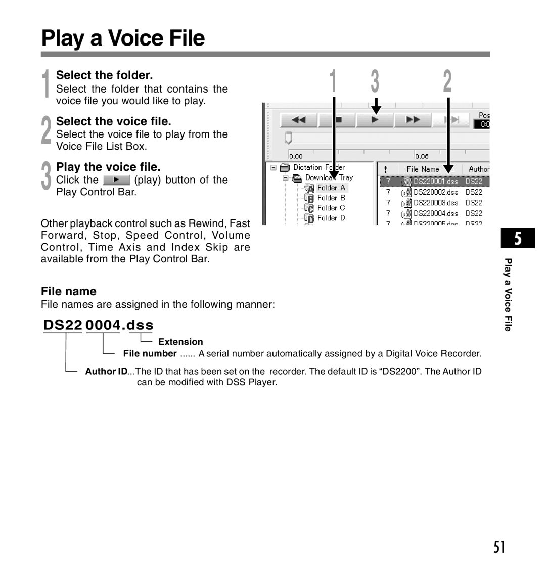 Olympus DS-2200 manual Play a Voice File, Play the voice file, File name 